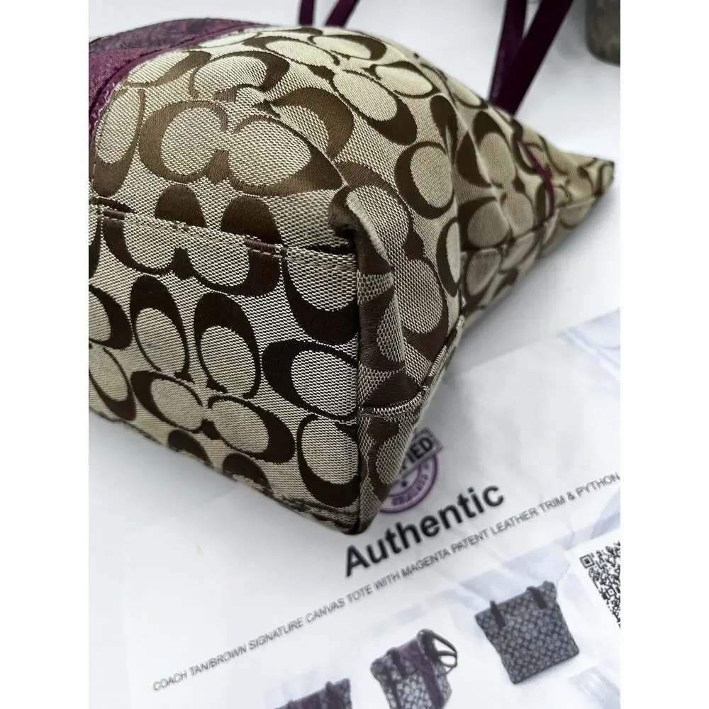 Authenticated F25706 Raspberry Snakeskin Tan Brown Signature Logo‎ Tote Bag